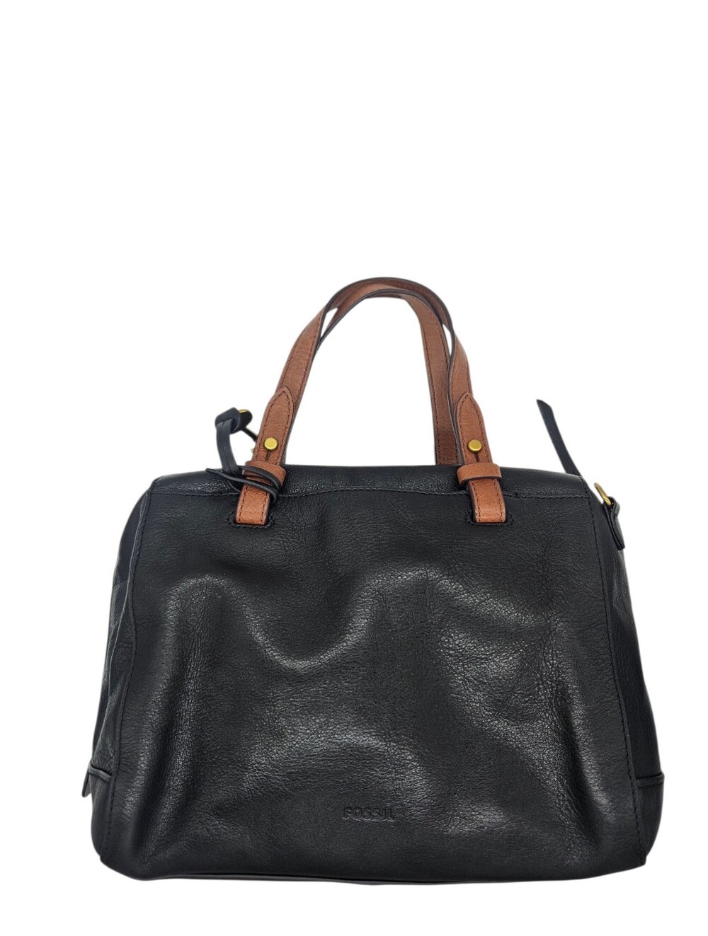 Fossil Rachel Satchel Bag Purse Black Pebbled Leather Brown Trim